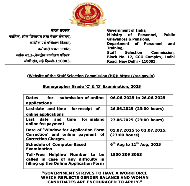 SSC Stenographer Recruitment 2025